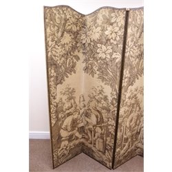  Four panel folding screen, upholstered in fabric depicting a garden scene, W184cm, H178cm  