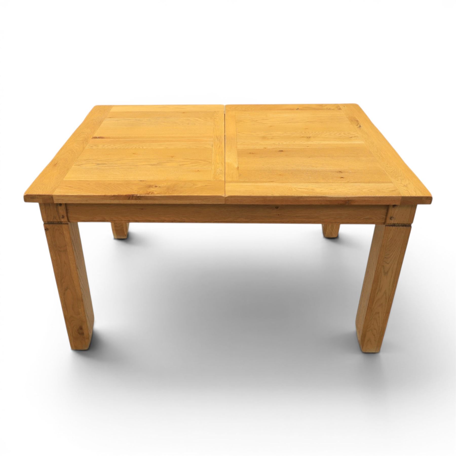 Contemporary oak dining extending table and set of six chairs, with additional leaf  extending to 182cm, chairs with cream upholstered seat
