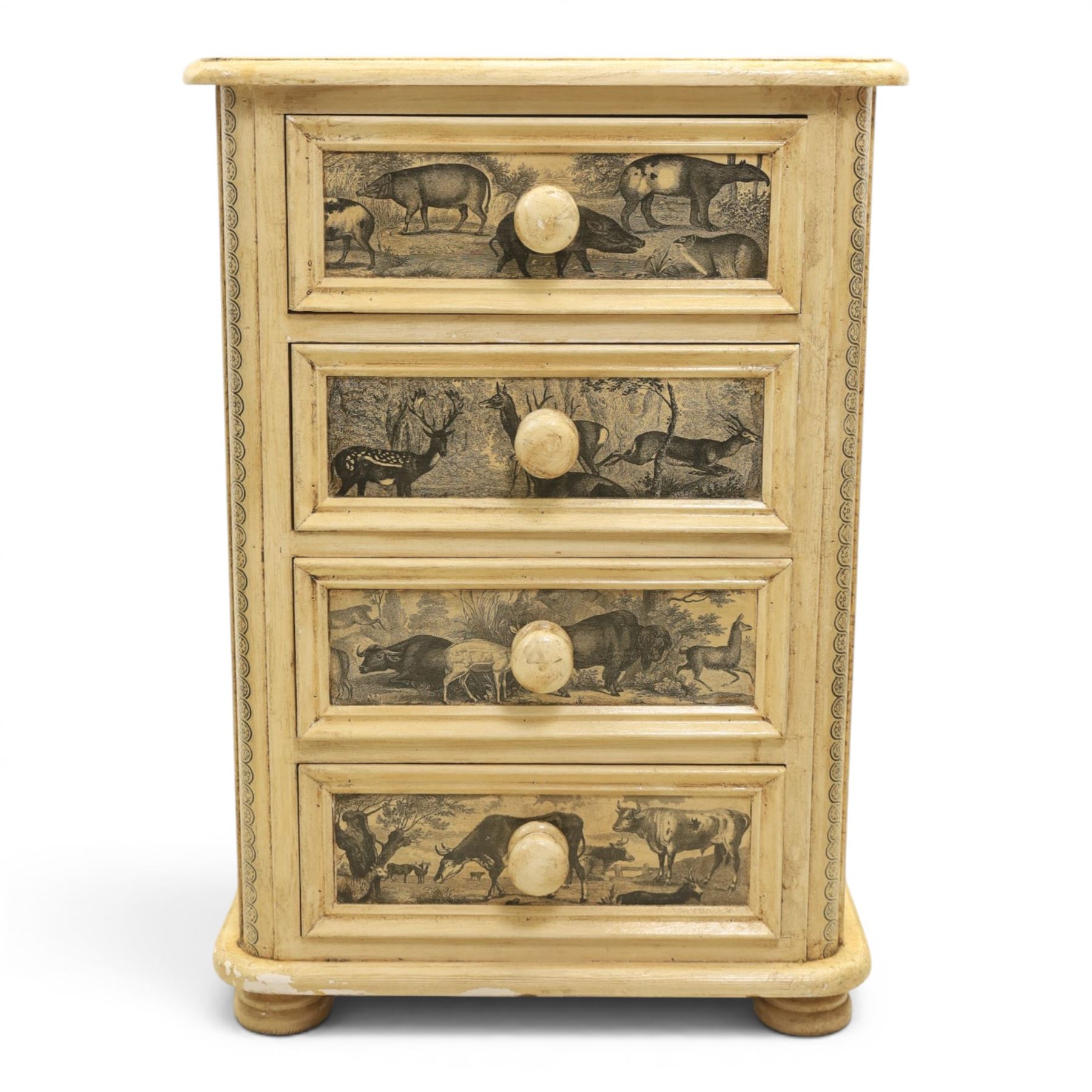 Traditional design cream painted lacquered pedestal chest, rounded moulded top over four short drawers, the drawer fronts decorated with monochrome printed animal scenes, conforming foliate and geometric borders to the top and sides, turned handles, on bun feet