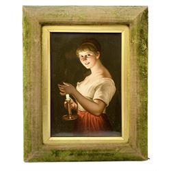 19th century KPM Berlin porcelain plaque, titled 'Gute Nacht' (Good Night), painted with a young girl holding a chamber stick and illuminated by the candlelight, signed lower right R Dittrich, impressed KPM marks verso and numbered, also marked with Beehive mark, titled and inscribed in pencil, in plush frame, plaque H23cm W16cm, overall H34cm W26.5cm


