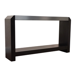  Black stained oak console table, canted corners, black glass top with chrome frame, solid end supports joined by single undertier, W136cm, H77cm, D29cm  