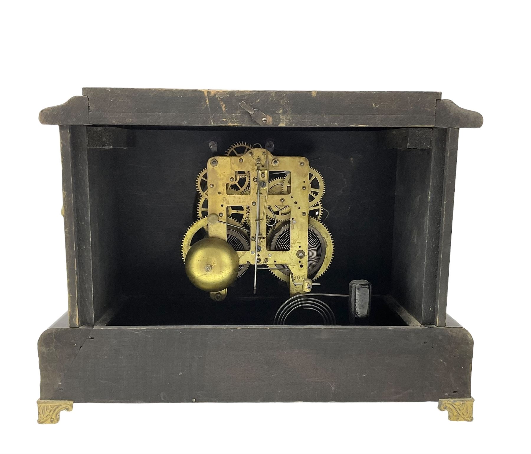 Seth Thomas - American late 19th century 8-day  mantle clock in a wooden case striking the hours on a gong and the half hours on a bell. With pendulum and key. 