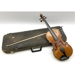 French Mirecourt violin c1920s with 36cm one-piece maple back and ribs and spruce top, labelled Jermone Thibouville-Lamy, L59cm, in fitted carrying case with German bow and 1984 valuation certificate by Frome Valley Music