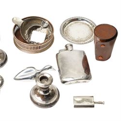 Pair of silver dressing table candlesticks, miniature folding photograph frame, silver port label, plated cocktail shaker and other silver plated items