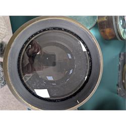 Late 19th century Voigtlander & Sohn large brass Euryscop lens no. 8 serial no. 31590, mounted to long black wooden box, with leather lens cover and seven brass Waterhouse stops, lens case D19cm