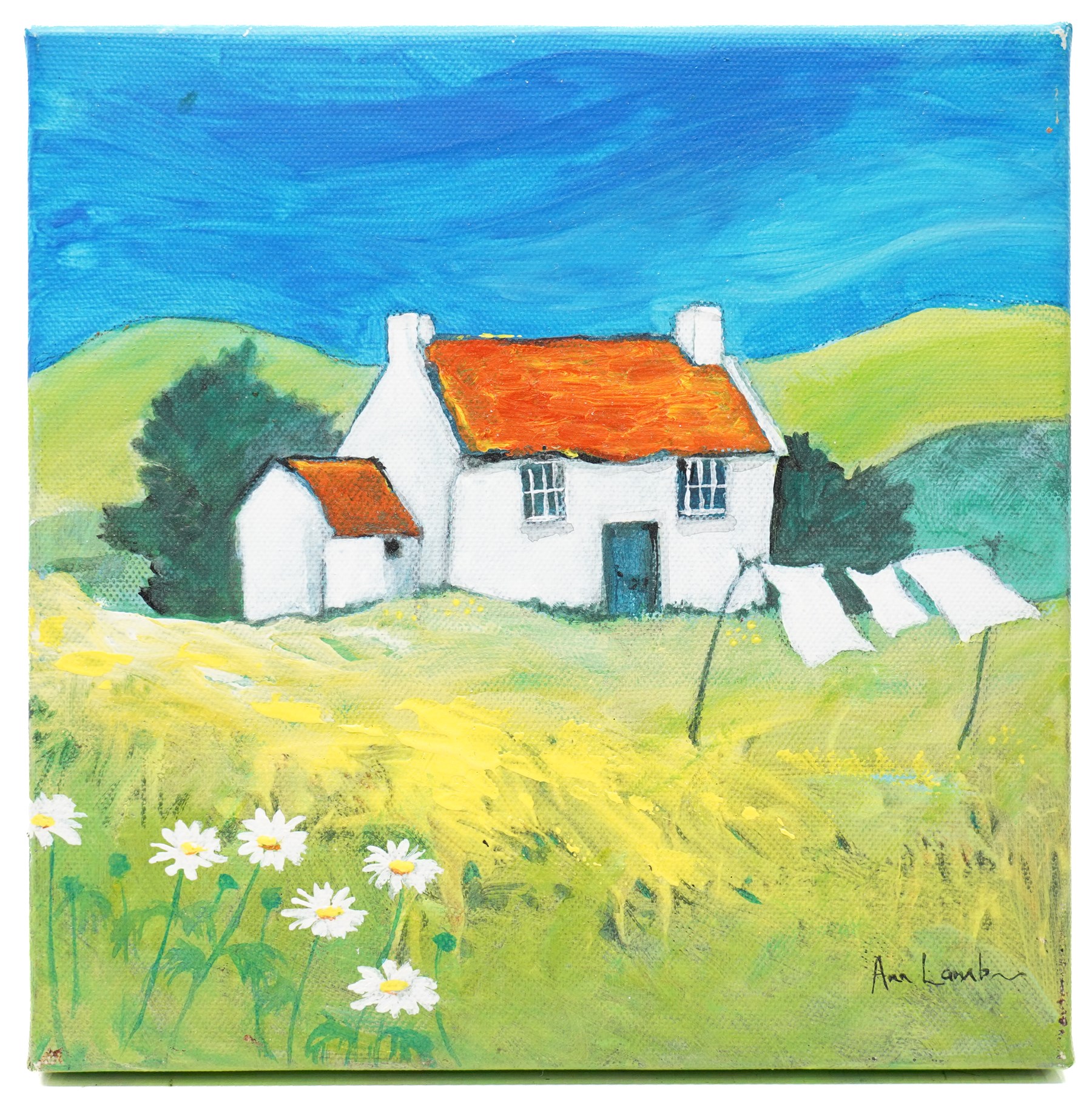 Ann Lamb (British 1955-): Cow, Pig and Rural Cottage, three mixed media signed 20cm x 20cm (3) (unframed)