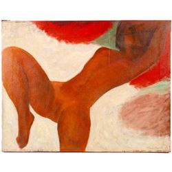 Tony Bartl (Czech 1912-1998): Female Nude in Red, oil on canvas signed and dated '74, 52cm x 67cm (unframed)