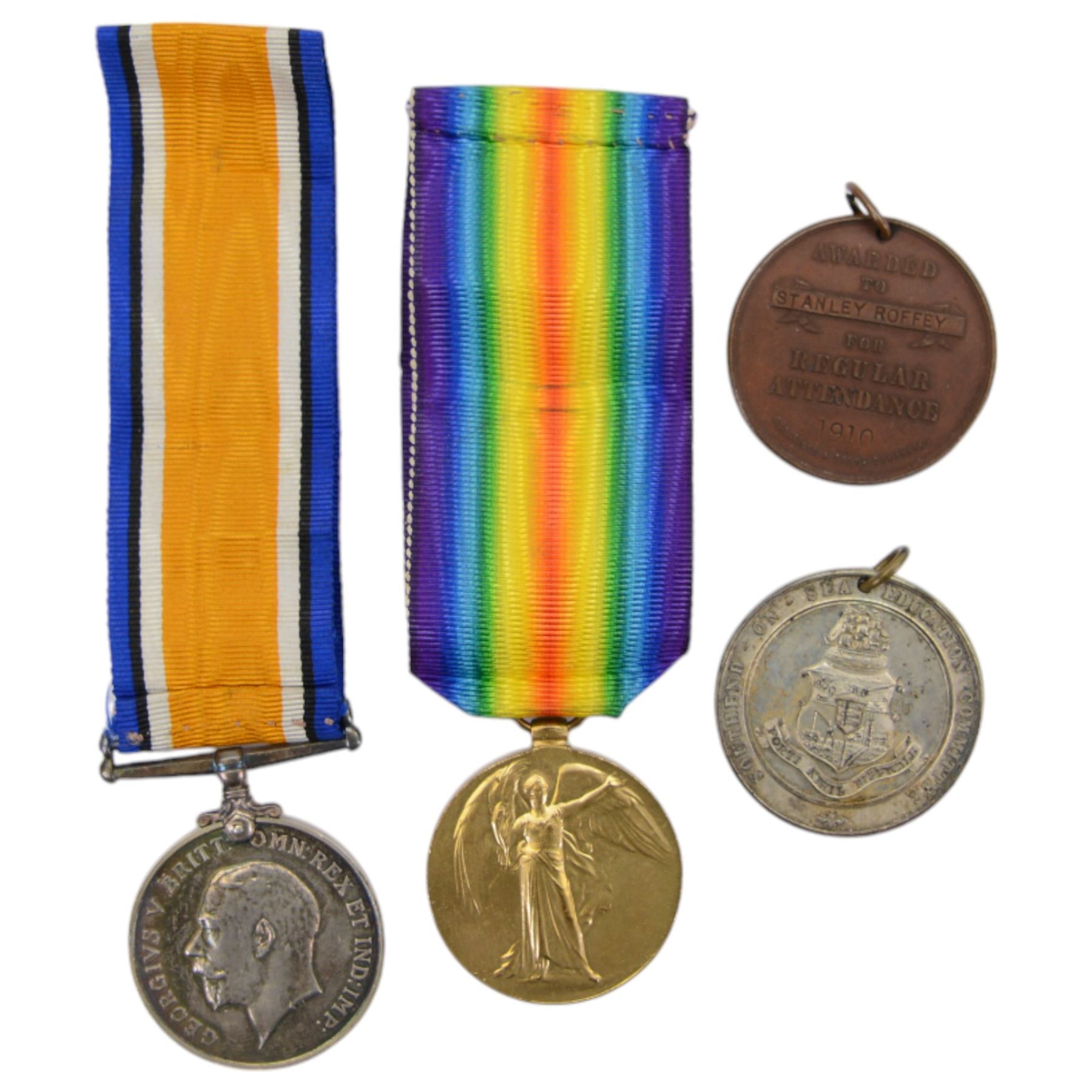 WWI two pairs of medals, British War Medal and Victory Medal,  awarded to 119982 Cpl Jesse Francis Stevens Royal Army Medical Corps and L.Z 6415 S.G Roffey Tel. Royal Naval Volunteer.Reserve, together with with two other WWII medals, 1914 Christmas tin and ephemera 