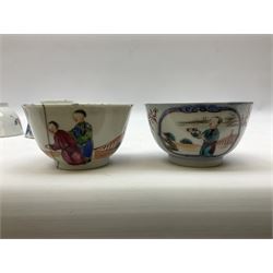Late 18th early 19th century chinese and english tea bowls, to include one decorated with floral sprays and sprigs, another with figures within a quatrefoil panel 
