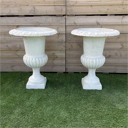 Pair of Victorian design painted cast iron garden urns, egg and dart rim, tapering column on pedestal base H75, D58 - THIS LOT IS TO BE COLLECTED BY APPOINTMENT FROM DUGGLEBY STORAGE, GREAT HILL, EASTFIELD, SCARBOROUGH, YO11 3TX
