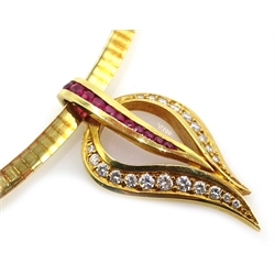  18ct gold pendant set with graduating diamonds and rubies, on gold collarette stamped 14k  