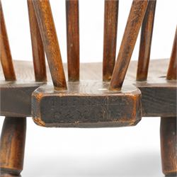 19th century elm and beech hoop and stick back Windsor chair, dished seat on turned supports united by H-stretchers, the seat stamped 'T.H. Filmer C&M 1859' (W38cm, H86cm);19th century elm and beech Windsor chair, hoop and stick back with pierced wheel splat, dished seat on turned supports united by swell turned stretchers (W36cm, H88cm)