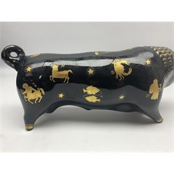 20th century Wedgwood Taurus the Bull, designed by Arnold Machin, and decorated with gilt signs of the zodiac upon a black ground, with certificate and original box, L40cm
