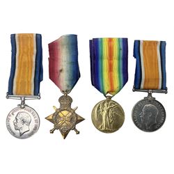 WW1 group of three medals comprising British War Medal, 1914-15 Star and Victory Medal awarded to 1781 Pte. W. Cartwright Manch. R.; and another WW1 British War Medal awarded to 30284 Pte. W.H. Paterson Manch. R.; all with ribbons (4)