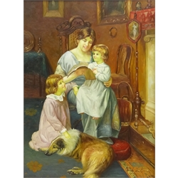 Interior Scene with Mother and Children Reading, 20th century oil on panel signed Claude Du Bois in ornate gilt frame 39.5cm x 29cm   