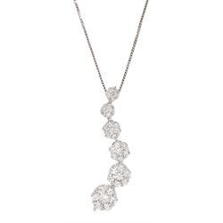 18ct white gold round brilliant cut diamond graduating daisy pendant necklace, hallmarked