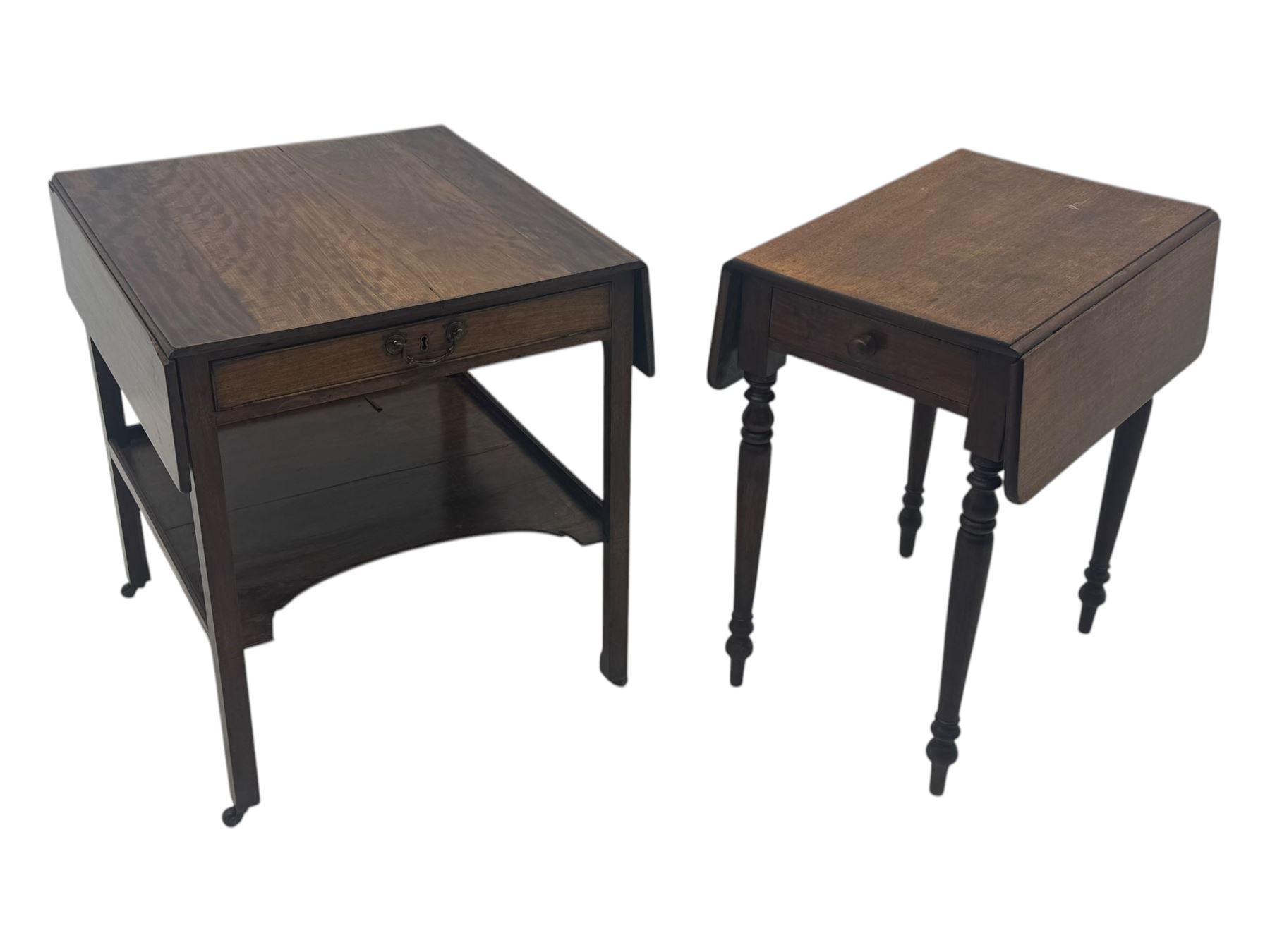 Georgian design mahogany drop-leaf table, rectangular top above a single drawer with brass handle, square supports united by arched undertier, on brass castors (W62cm, D65cm, H72cm); and a smaller mahogany drop-leaf table with single drawer on turned supports (W43cm, D61cm, H72cm)