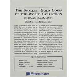 Bank of Zambia 1999 fine gold 1/25 ounce 'Dr. Livingstone' coin from 'The Smallest Gold Coins of the World Collection', with certificate