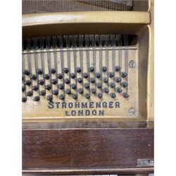 Early 20th century mahogany cased Strohmenger London baby grand piano, demi lune shape, over strung cast iron framed, raised on square tapered supports and castors 