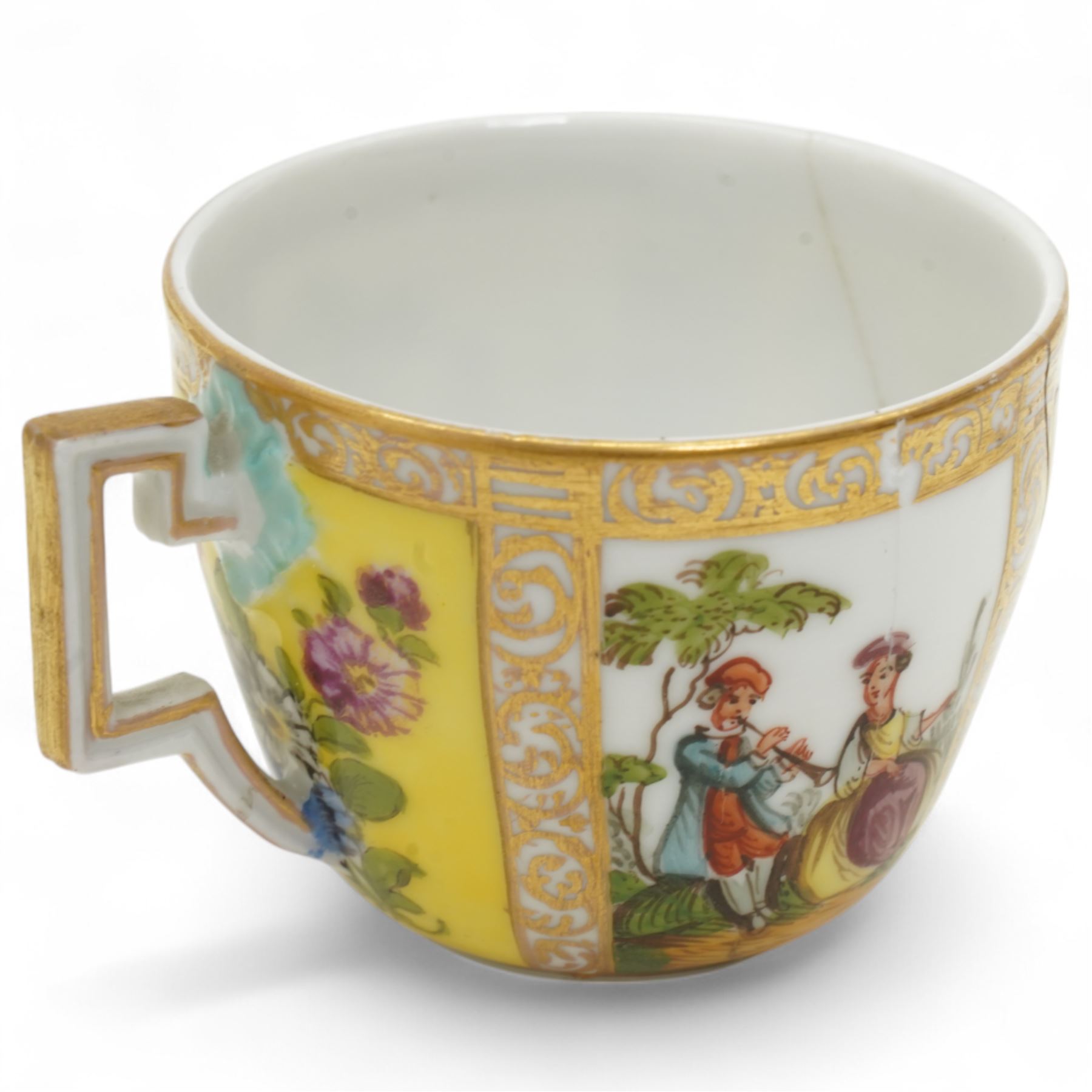 Helena Wolfsohn Dresden porcelain quatrefoil twin handled chocolate cup and stand, painted with panels of courting couples and floral sprays on a yellow ground, together with another Wolfsohn cup and saucer of the same design, and a similar continental vase decorated with shipping and town scenes, all marked to base, chocolate cup H8cm 