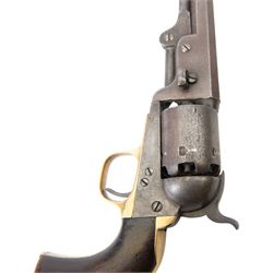 Colt .36 navy percussion revolver, with octagonal 7 1/2in. barrel top flat marked Address Col Samd Colt New York US America, frame stamped `Colts Patent' matching serial numbers, 112625, iron frame marked Colts Patent, brass grip-straps and trigger guard, smooth flared walnut grip, overall L33cm