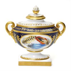 Pair of Royal Worcester Heritage Collection two handled urns and covers painted with opposing oval panels of feathers by David Peplow on pedestal bases W16cm 