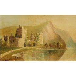 English School (19th/20th century): Ruined Castle by the Cliff, oil on canvas unsigned 12cm x 19cm