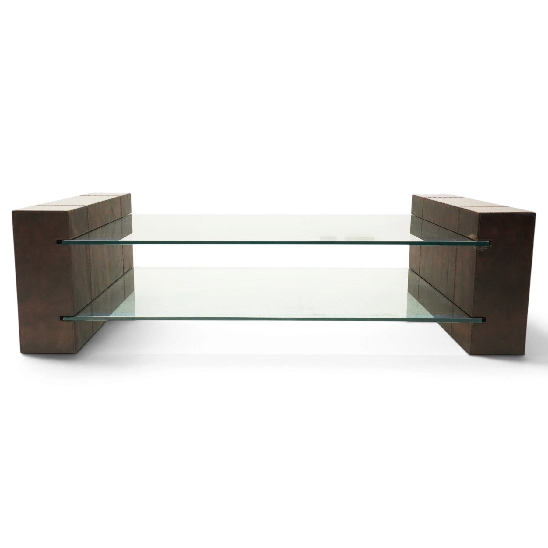 ML DS - Contemporary two-tier coffee table, brown leather-covered frame supporting a rectangular glass top and matching undertier