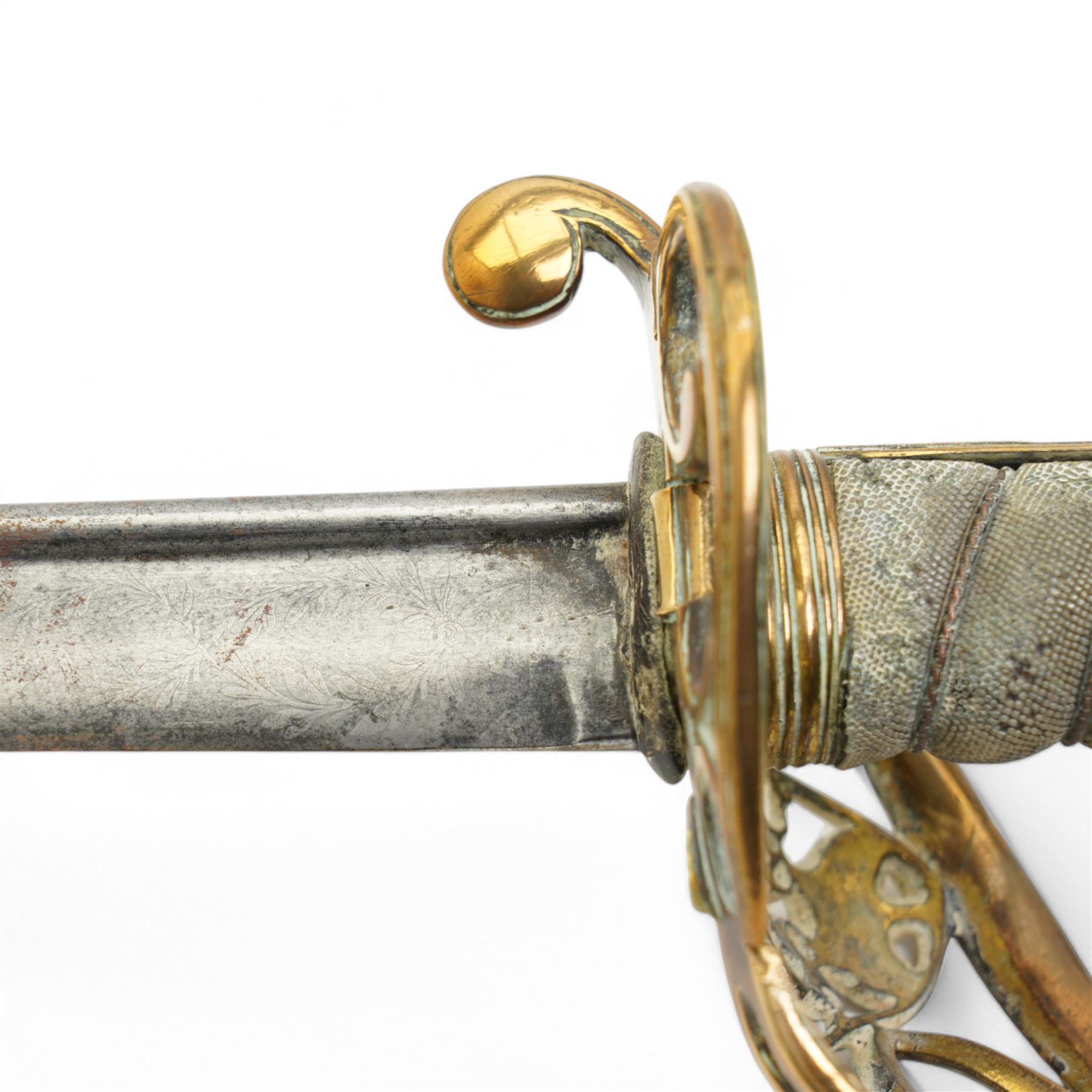  William IV British Infantry sword, the pipe back blade with traces of etching, hinged guard and wire wound shagreen grip and scabbard, blade length 83cm 