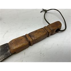 Near pair of African Moroccan Berber tribal Shula daggers each with engraved 39cm curving fullered steel blade, carved and inlaid horn grip and leather covered scabbard L57cm overall; kindjal style dagger with brass covered and jewelled grip and scabbard; another Eastern dagger with leather covered grip and scabbard; and a large Eastern knife with animal hide scabbard (5)