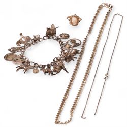 9ct gold cameo ring, silver charm bracelet and a silver curb link chain
