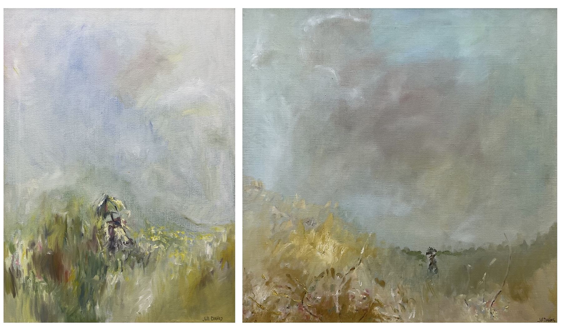 Jill Davies (British Contemporary): Impressionist Ladies in Summer Fields, pair oils on canvas signed 60cm x 60cm and 61cm x 45cm (2)