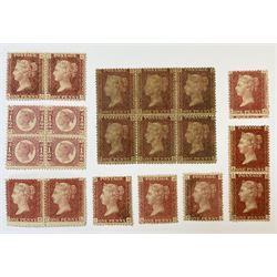 Great Britain Queen Victoria perf penny red stamps, comprising horizontal block of six, two horizontal pairs, vertical pair and four singles and a block of four half penny 'bantams', all unused, all previously mounted