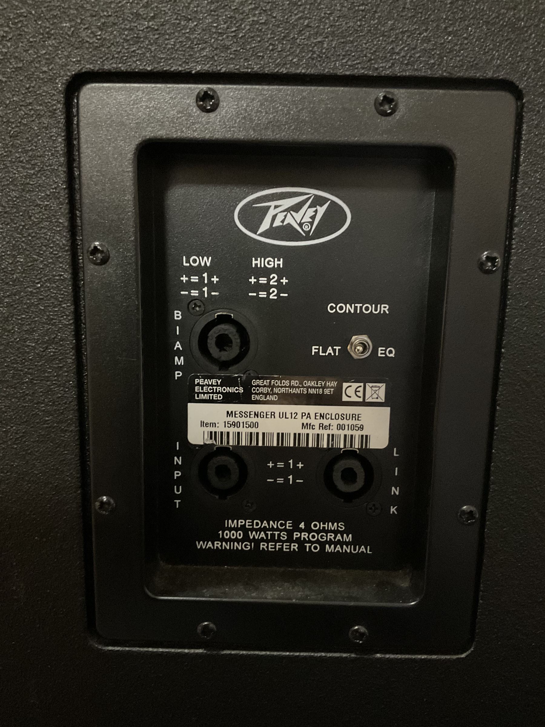 Peavey XR-696F 1200W Amplifier, serial no.K0241228, L47cm; with two Peavey UL bass bins L56cm and two Peavey top speakers L45cm with connecting rods; all with covers; and quantity of heavy duty cables, two microphone cables and microphone stand