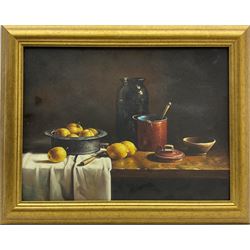 Peter J Bailey (British 1951-): Still Life of Fruit and a Copper Pan, oil on canvas unsigned, signed with monogram and inscribed 'To Ken' on the frame verso 30cm x 40cm