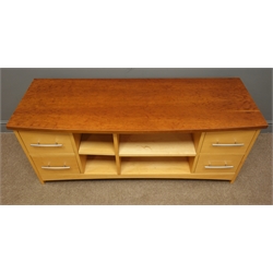  Walnut and beech bow fronted television stand, four drawers and shelves, W130cm, H55cm, D47cm  
