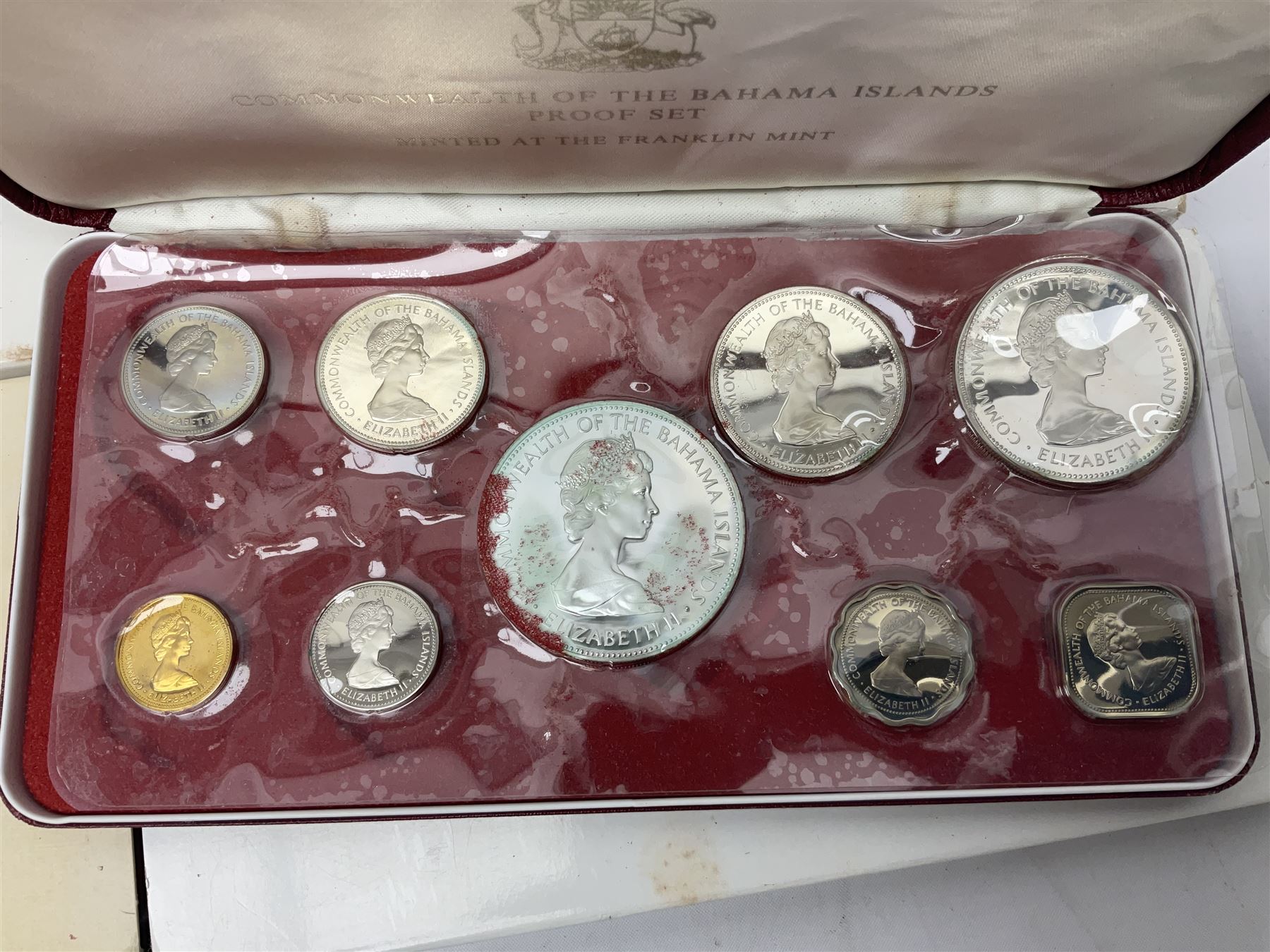 Six Commonwealth of the Bahamas Islands nine coin sets, dated 1972, 1973, 1974, 1975, 1976 and 1979, all minted at the Franklin Mint and containing high denomination silver coins, all cased, and a Bahamas Anniversary 1978 two coin set comprised of two silver proof ten dollar coins, cased 