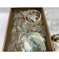 Cut glass, including wine glasses, tumblers and a decanter, together with  Royal Doulton collector's plates, including As Once they worked on the land, etc, two boxes.
