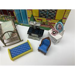 Mid-century Marx style tin dollhouse and quantity of dolls house furniture, H35cm