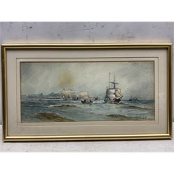 Austin Smith (British early 20th century): Shipping off Scarborough, watercolour signed 21cm x 47cm