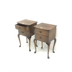 Pair 20th century cross banded walnut lamp chests, two drawers, cabriole legs