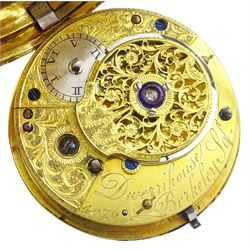 George III gilt open face fusee lever pocket watch by John Dwerrihouse Berkley Square, No. 4079, engraved balance cock with diamond endstone, two other fusee lever pocket watches by Strong, London and Thomas Hume, London, one with silver pair case, the other with white metal case