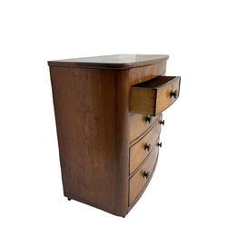 Late 19th century mahogany bow front chest, fitted with two short and three long cockbeaded drawers, on castors