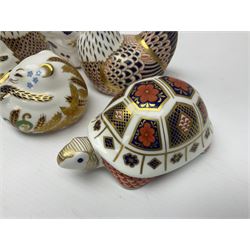 Seven Royal Crown Derby Paperweights, to include Field mouse with silver stopper, Dormouse, Chicken etc,  six without stoppers   