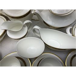 Royal Doulton Harlow pattern tea and dinner service for ten, consisting tea pot, coffee pot, milk jug, open sucrier, cups and saucers, dessert plates, dinner plates, soup bowls, side plates, sauce boat, covered serving dishes, meat plate (67)