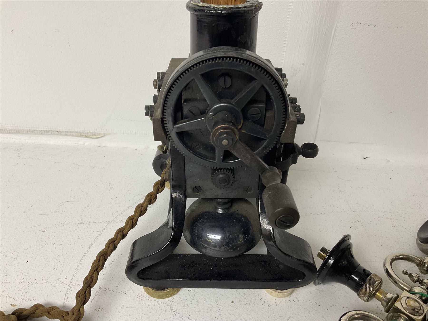 Early 20th century Skeleton Type telephone, probably made by Ericsson, marked MR No. 16, with headset, H30cm