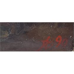 Anatoli Buldakov (Russian 1947-): Farmstead, oil on paper laid on panel signed with monogram and dated '90, inscribed verso with photo of the artist 19cm x 25cm