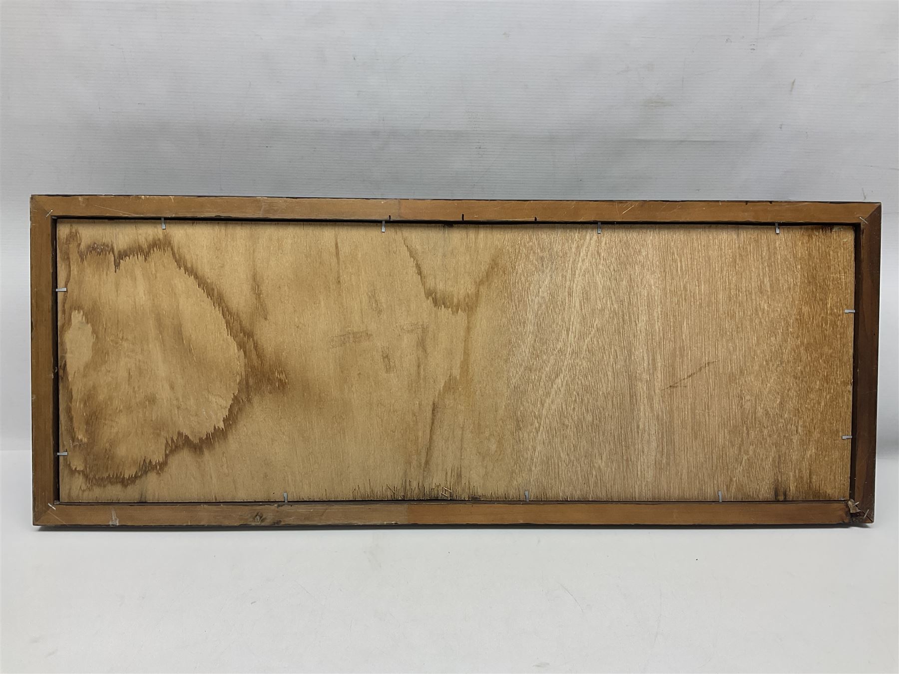 Taxidermy: Rainbow trout (Oncorchynchus mykiss), skin mount set above a pebbled river bed with reeds and grasses, set against blue painted back drop, H34cm, L88cm