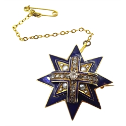 Victorian 15ct gold blue enamel, diamond and split pearl star brooch
