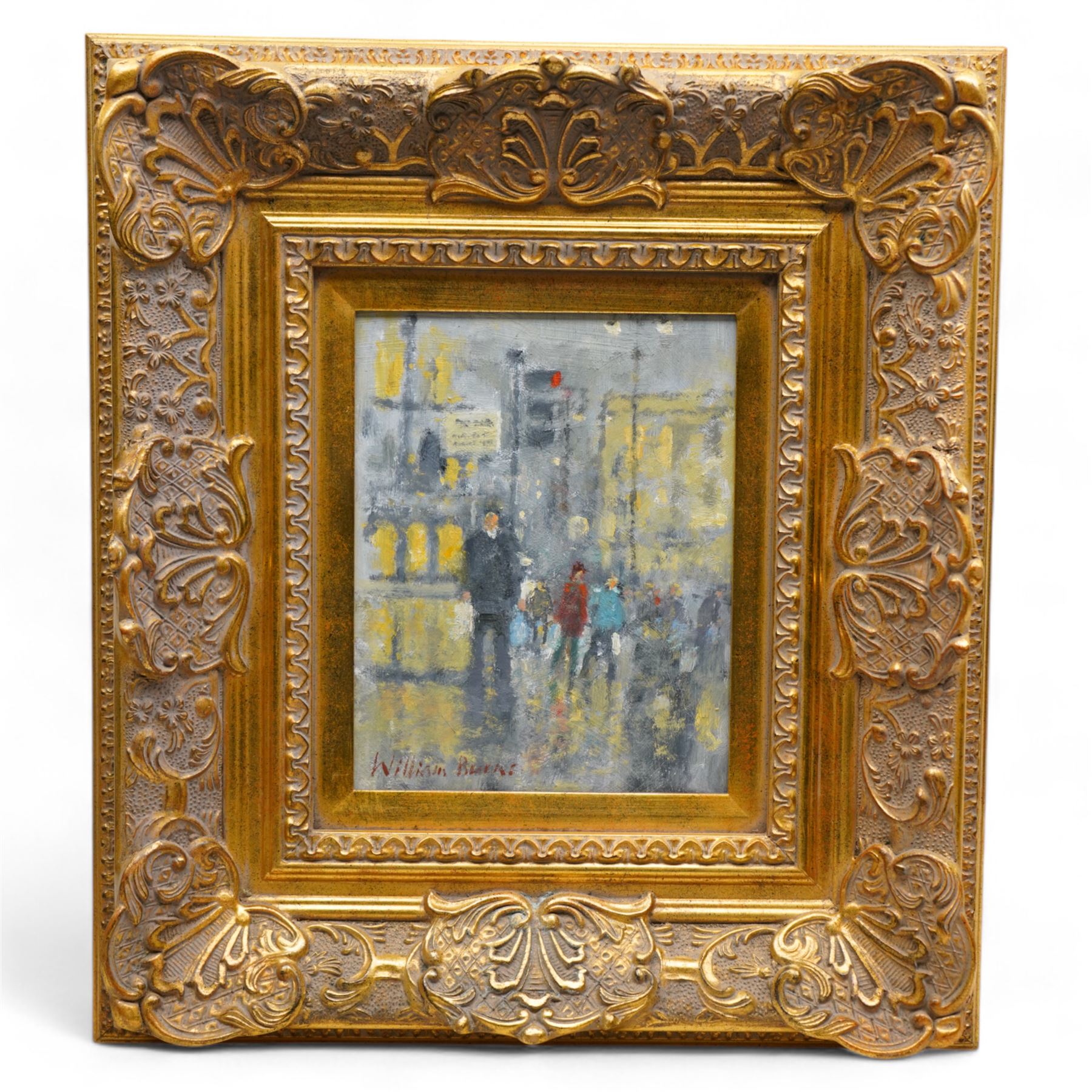 William Burns (Northern British 1923-2010): 'Street Scene - Rain', oil on board signed, titled verso 24cm x 19cm
Provenance: Direct from the family of the artist.
Notes: Born in Sheffield in 1923, William Burns RIBA FSAI FRSA studied at the Sheffield College of Art before the outbreak of the Second World War, during which he helped illustrate the official War Diaries for the North Africa Campaign, and was elected a member of the Armed Forces Art Society. On his return, he studied architecture at Sheffield University and later ran his own successful practice, being a member of the Royal Institute of British Architects. However, painting had always been his self-confessed 'first love', and in the 1970s he gave up architecture to become a full-time artist, having his first one-man exhibition in 1979.